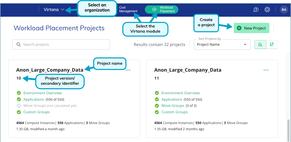 annotated screenshot of the Workload Placement Projects page