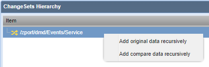 The ChangeSets Hierarchy context menu showing the Add original data recursively and Add compare data recursively options