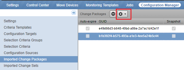 The Imported Change Packages list with a package selected