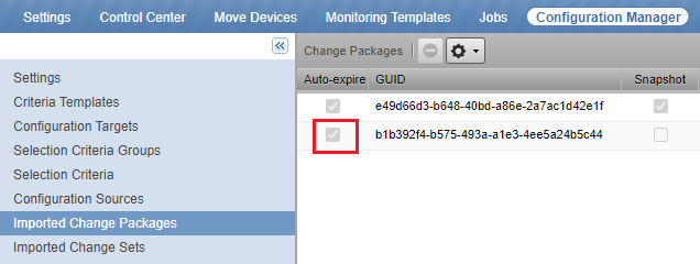 The Imported Change Packages list showing the Auto-expire checkbox toggled for the selected package
