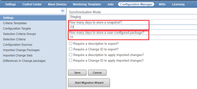 The Configuration Manager Settings page with the snapshot and user-configured package expiration fields highlighted