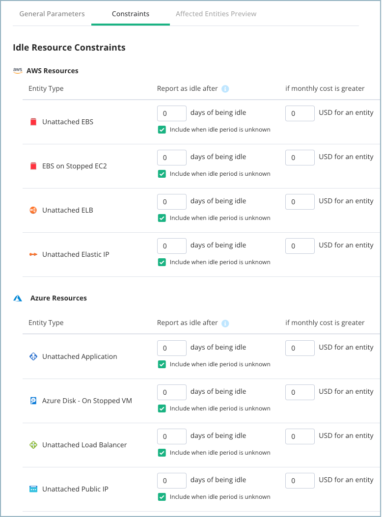 screenshot of idle resource policy settings