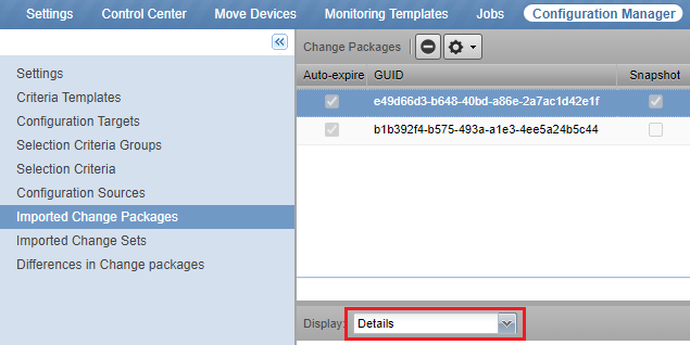 The lower panel of the Imported Change Packages view with the Display dropdown set to Details