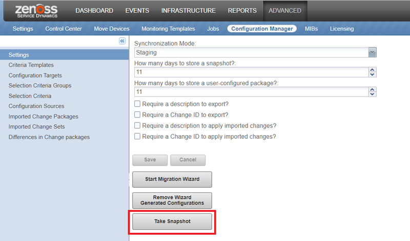 The Configuration Manager Settings page with the Take Snapshot button highlighted