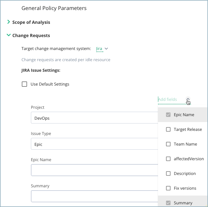 screenshot of Jira change management section of the idle resources policy