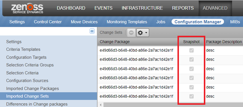 The Imported Change Sets view with the Snapshot column highlighted