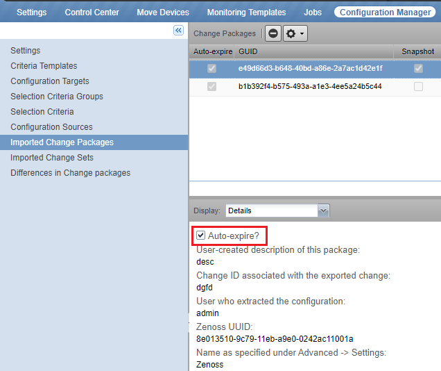 The Details panel showing the Auto-expire checkbox and package metadata fields
