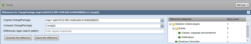 The Choose Packages panel after a difference has been generated, showing the header and Categories panel