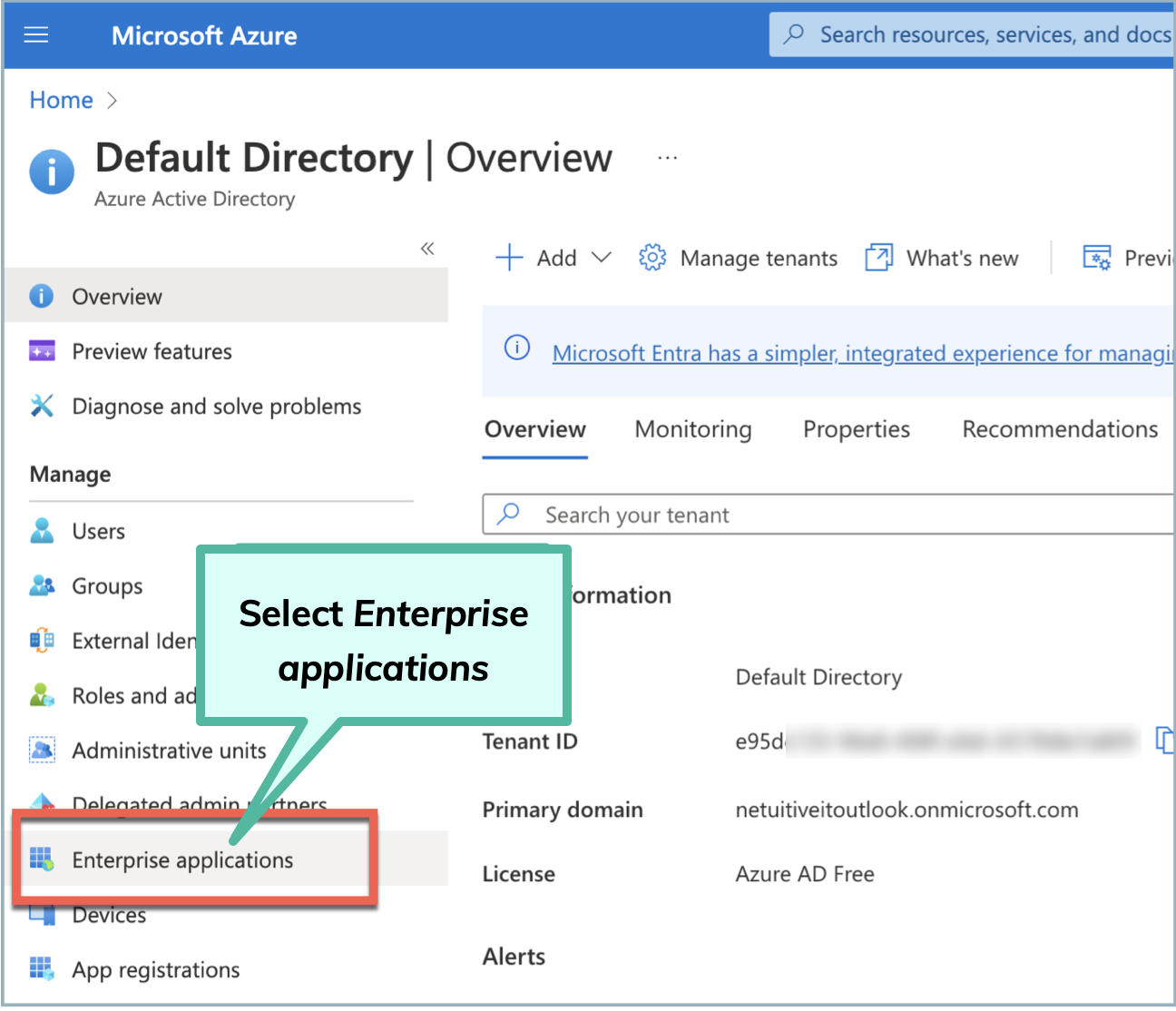 Screenshot of Azure UI, select Enterprise applications