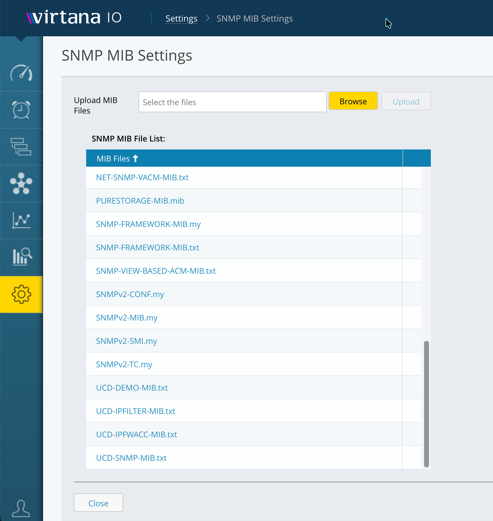 SNMP MIB Settings page showing the Upload MIB Files field and file list