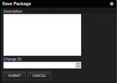 The Save Package dialog with Description and Change ID fields