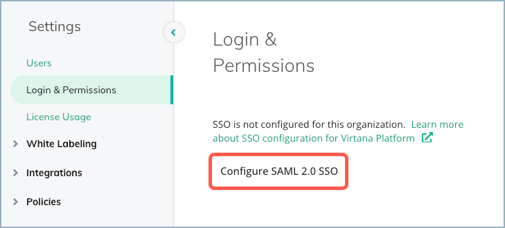 screenshot of Login & Permissions page with "Configure SAML 2.0 SSO" highlighted