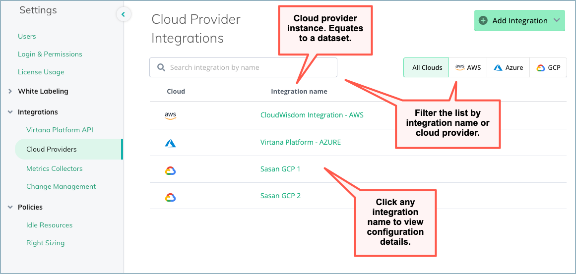 screenshot of cloud provider integrations page