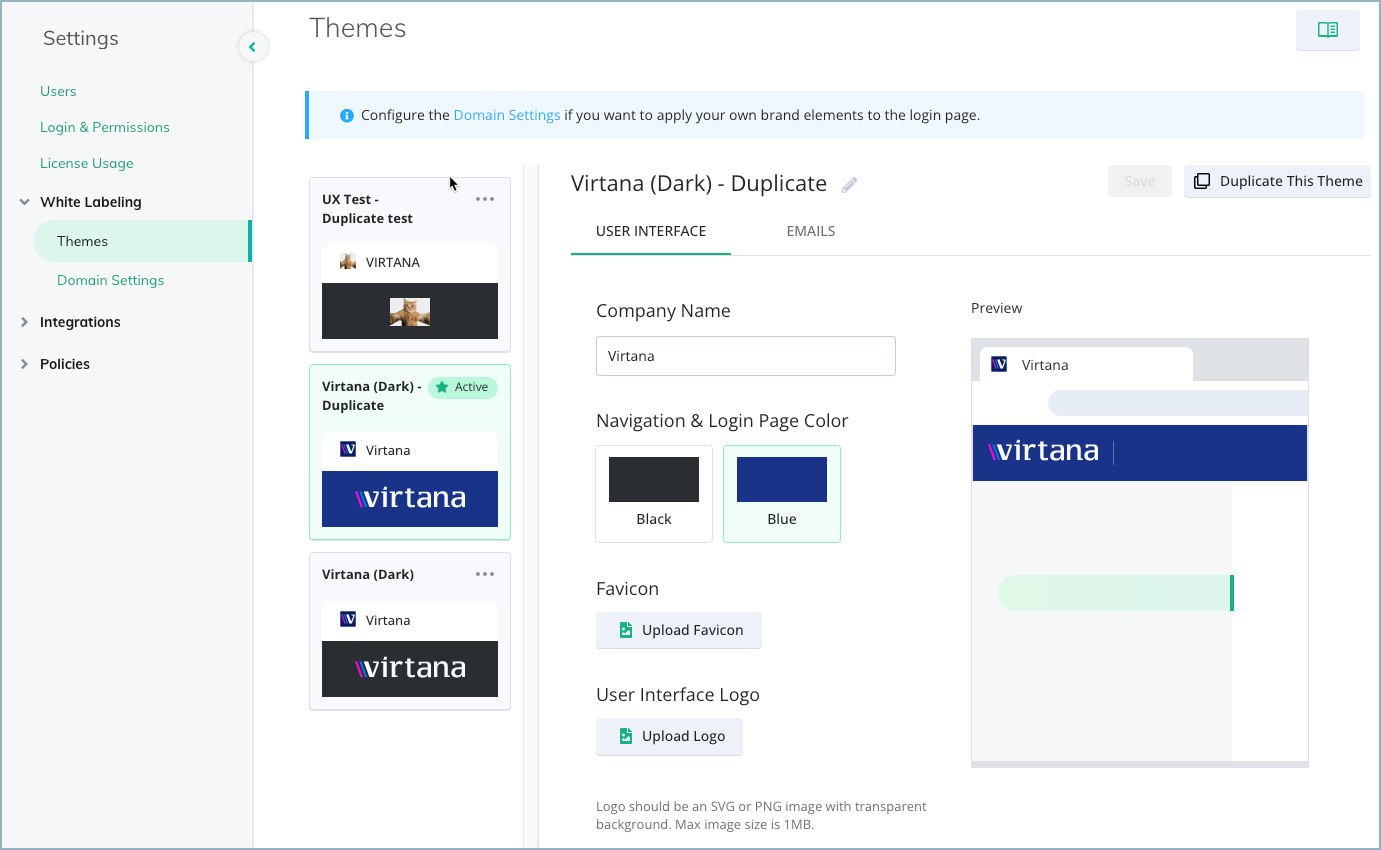 screenshot of the Themes page for white labeling the Virtana Platform UI
