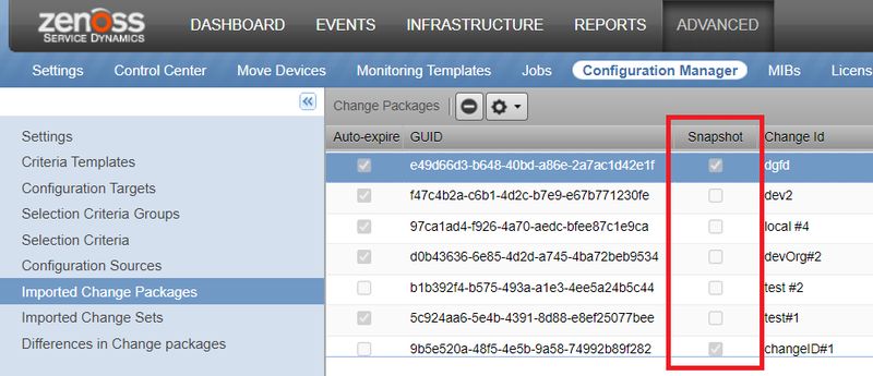 The Imported Change Packages view with the Snapshot column highlighted