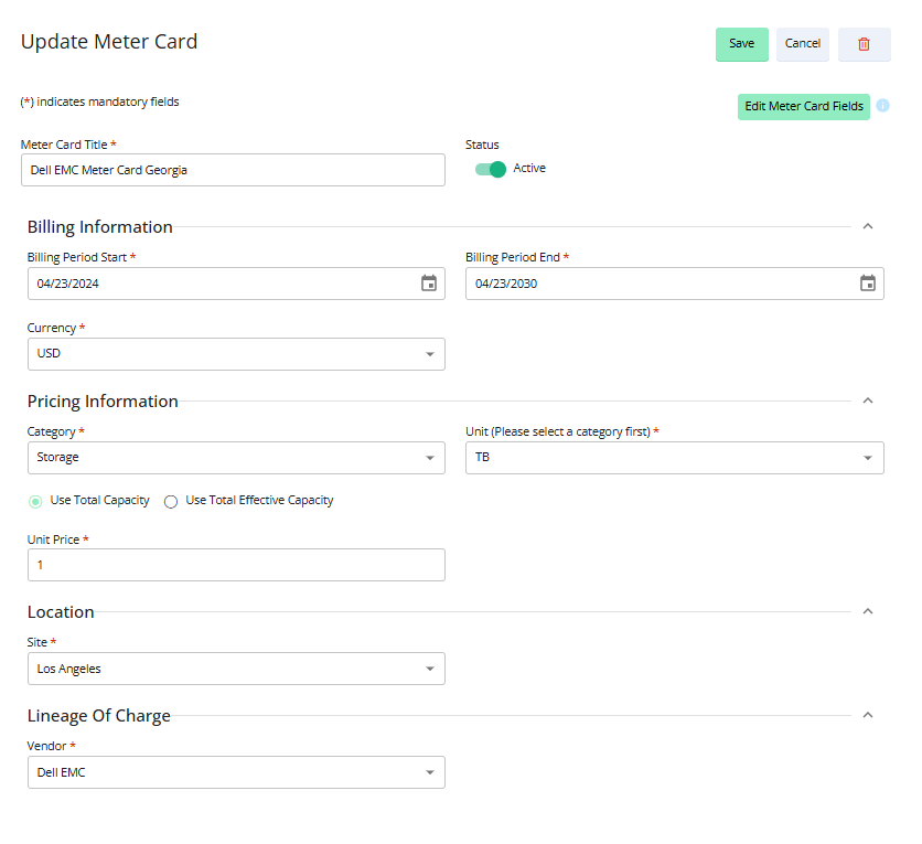 Update Meter Card window